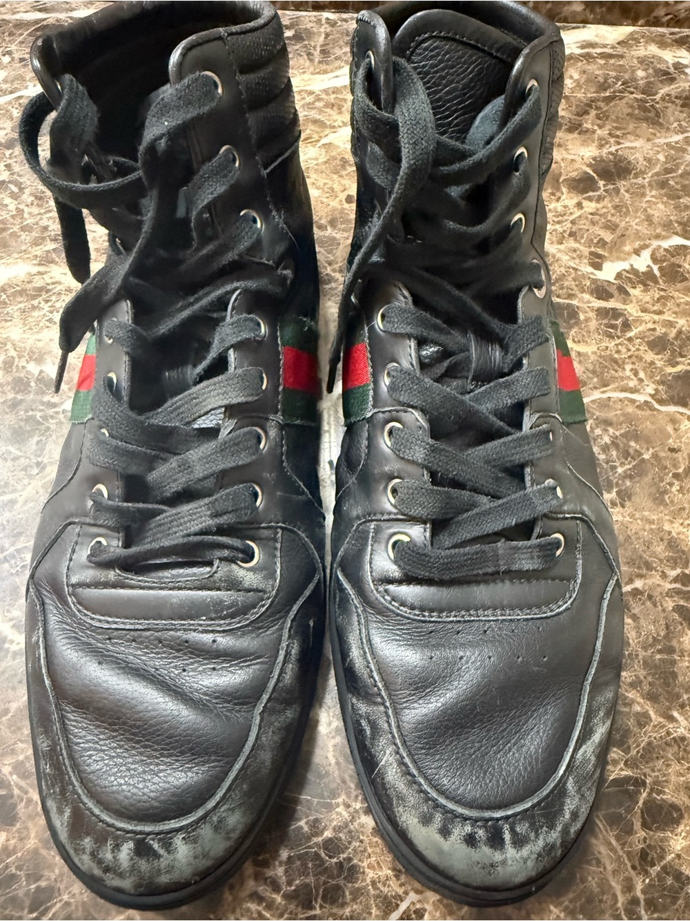 Gucci High-Top Leather Men's Sneakers with Green & Red Stripe